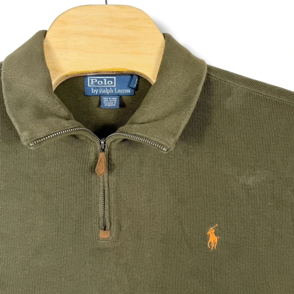 Polo Ralph Lauren Quarter Zip Men XL Olive Green Vintage 90s Cotton Sweater Pony